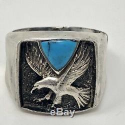 Eagle Turquoise Ring Mens 1970s Sterling Silver Signed Ted OTT Sz 12.5 11g Vtg