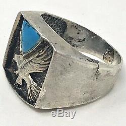 Eagle Turquoise Ring Mens 1970s Sterling Silver Signed Ted OTT Sz 12.5 11g Vtg