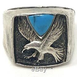 Eagle Turquoise Ring Mens 1970s Sterling Silver Signed Ted OTT Sz 12.5 11g Vtg