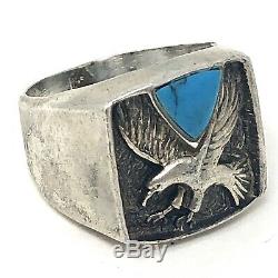 Eagle Turquoise Ring Mens 1970s Sterling Silver Signed Ted OTT Sz 12.5 11g Vtg