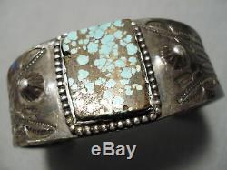 Earlier 1900's Vintage Navajo Squared #8 Turquoise Sterling Silver Bracelet Old