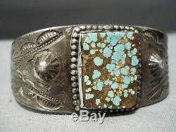 Earlier 1900's Vintage Navajo Squared #8 Turquoise Sterling Silver Bracelet Old
