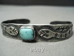 Early 1900's Snake Vintage Navajo Turquoise Sterling Silver Bracelet Old