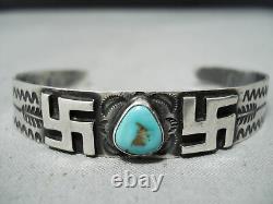 Early 1900's Vintage Navajo Whirling Logs Turquoise Sterling Silver Bracelet