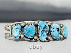 Excellent Vintage Navajo 5 Morenci Turquoise Sterling Silver Bracelet