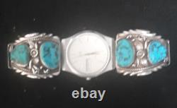 Excellent Vintage Navajo Old Pawn Sterling Silver Turquoise Watch Band Tips