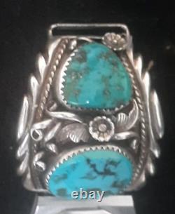 Excellent Vintage Navajo Old Pawn Sterling Silver Turquoise Watch Band Tips