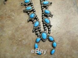 Excellent Vintage Navajo Sterling Silver Turquoise SQUASH BLOSSOM Necklace