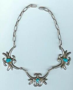 Exceptional Vintage Old Navajo Sand Cast Sterling Turquoise Necklace 63.4G