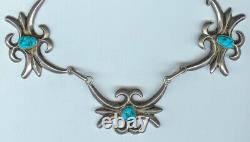 Exceptional Vintage Old Navajo Sand Cast Sterling Turquoise Necklace 63.4G