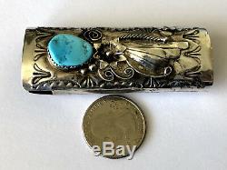 Exquisite Blue Turquoise Vintage Navajo Floral Lighter Case Sterling Silver