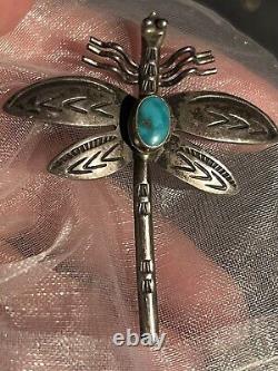 Extremely Lifelike Vintage Navajo Handmade Turquoise & Sterling Dragonfly Pin