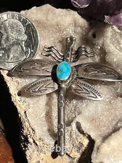 Extremely Lifelike Vintage Navajo Handmade Turquoise & Sterling Dragonfly Pin