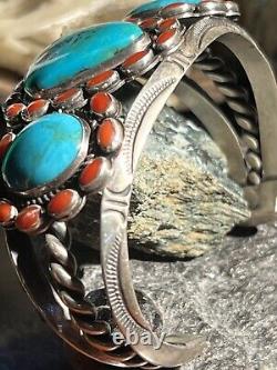Fabulous Vintage Kirk Smith Navajo Handcrafted Sterling Turquoise & Coral Cuff