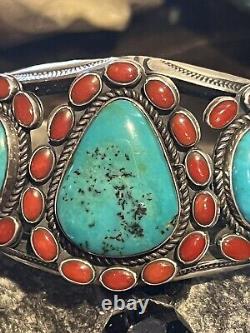 Fabulous Vintage Kirk Smith Navajo Handcrafted Sterling Turquoise & Coral Cuff