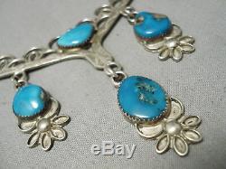 Fabulous Vintage Navajo Turquoise Dangling Sterling Silver Necklace Old