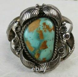 Fine natural turquoise blues browns Navajo sterling silver VTG CUFF BRACELET