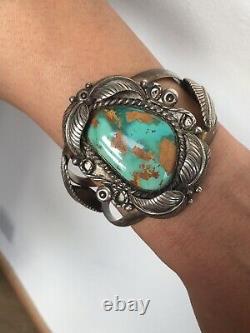 Fine natural turquoise blues browns Navajo sterling silver VTG CUFF BRACELET