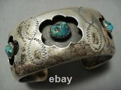 Flowers Turquoise Vintage Navajo Sterling Silver Cuff Bracelet Old