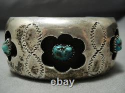 Flowers Turquoise Vintage Navajo Sterling Silver Cuff Bracelet Old