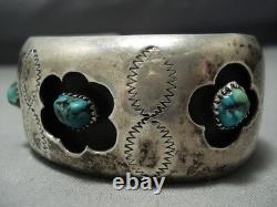 Flowers Turquoise Vintage Navajo Sterling Silver Cuff Bracelet Old