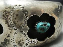 Flowers Turquoise Vintage Navajo Sterling Silver Cuff Bracelet Old