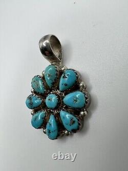 Fred Guerro Signed Vintage Navajo Sterling Silver Turquoise Blossom Pendant