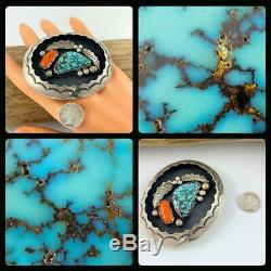 GORGEOUS! Vintage Navajo INDIAN MOUNTAIN Spiderweb Turquoise & CORAL Belt Buckle