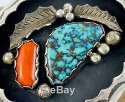 GORGEOUS! Vintage Navajo INDIAN MOUNTAIN Spiderweb Turquoise & CORAL Belt Buckle