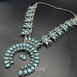 GRAND Vintage NAVAJO Sterling Silver Turquoise Cluster SQUASH BLOSSOM Necklace