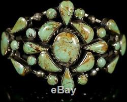 GREEN TURQUOISE CLUSTER Vintage Navajo Handmade STERLING Silver CUFF Bracelet