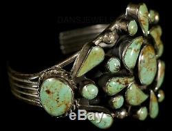 GREEN TURQUOISE CLUSTER Vintage Navajo Handmade STERLING Silver CUFF Bracelet