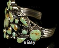 GREEN TURQUOISE CLUSTER Vintage Navajo Handmade STERLING Silver CUFF Bracelet