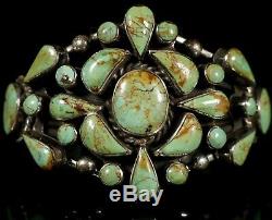 GREEN TURQUOISE CLUSTER Vintage Navajo Handmade STERLING Silver CUFF Bracelet