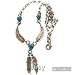 Gorgeous Vintage Navajo Feather Turquoise Sterling Silver Necklace