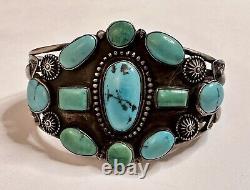 Gorgeous Vintage Navajo Sterling Bracelet with Eleven Turquoise Stones 64 Grams