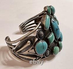 Gorgeous Vintage Navajo Sterling Bracelet with Eleven Turquoise Stones 64 Grams