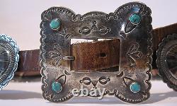 Great Vintage Navajo Indian Leather Belt With Silver Conchos & Turquoise Buckle