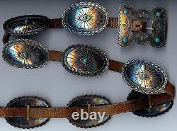 Great Vintage Navajo Indian Leather Belt With Silver Conchos & Turquoise Buckle