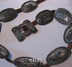 Great Vintage Navajo Indian Leather Belt With Silver Conchos & Turquoise Buckle