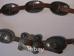 Great Vintage Navajo Indian Leather Belt With Silver Conchos & Turquoise Buckle