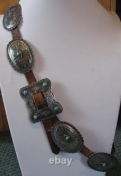 Great Vintage Navajo Indian Leather Belt With Silver Conchos & Turquoise Buckle