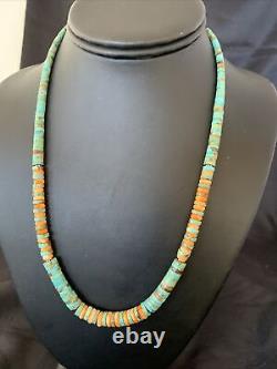 Green Turquoise Heishi Sterling Silver Orange Spiny Oyst Necklace Graduate 11774