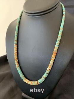 Green Turquoise Heishi Sterling Silver Orange Spiny Oyst Necklace Graduate 11774