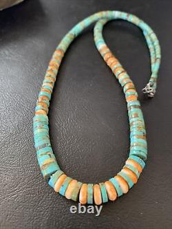 Green Turquoise Heishi Sterling Silver Orange Spiny Oyst Necklace Graduate 11774