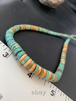 Green Turquoise Heishi Sterling Silver Orange Spiny Oyst Necklace Graduate 11774