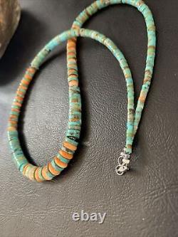 Green Turquoise Heishi Sterling Silver Orange Spiny Oyst Necklace Graduate 11774