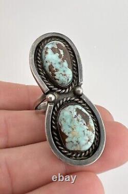 HUGE 2 Vtg Navajo Sterling Silver Dry Creek Turquoise Stamped Ring 17.5g