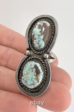 HUGE 2 Vtg Navajo Sterling Silver Dry Creek Turquoise Stamped Ring 17.5g