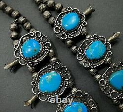 HUGE Authentic Vintage Navajo Sterling Silver Turquoise Squash Blossom Necklace